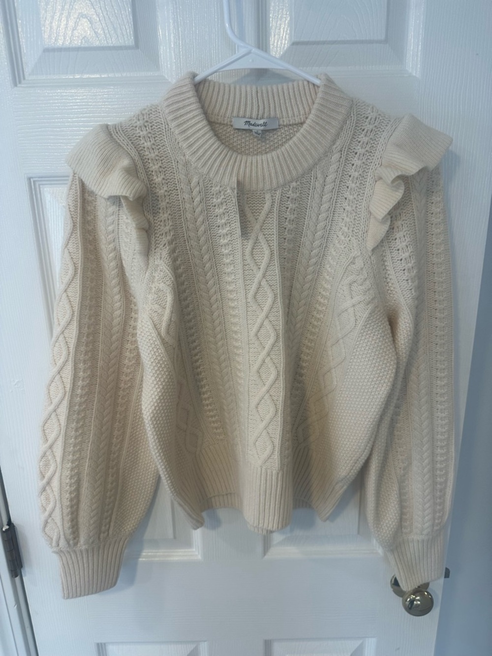 Madewell Cream Cable Ruffle-Shoulder Crewneck Sweater